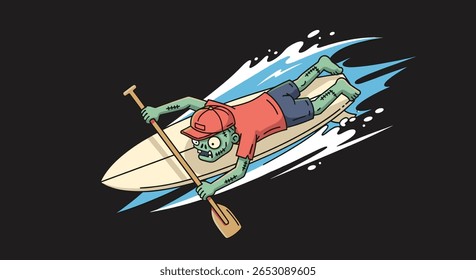 Surfing Zombie Paddles Through Ocean Waves Enjoying a Sunny Day Adventure