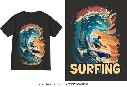 Surfing.Exotic retro vintage style summer holiday travel clothing t shirt vector graphics design illustration.slogan tees.tropical hawaii surfing palms palm tree surfer sport surfboard trees sea sun