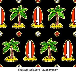 Surf,palm,beach seamless pattern art.Vector graphic illustration. Surf,beach,flower,palm,sea seamless pattern print background