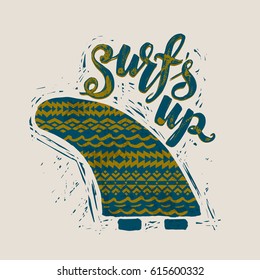 surfs up - lettering and hand drawn surfing single fin with ornament surfing print. grunge t-shirt print.