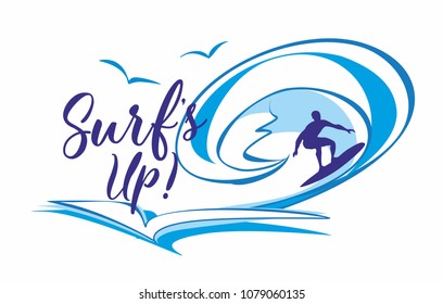 Surf's up .Surfing. Lettering. ILogo. t's time to rest and travel. Seascape. Wave. Gulls. Vector illustration.