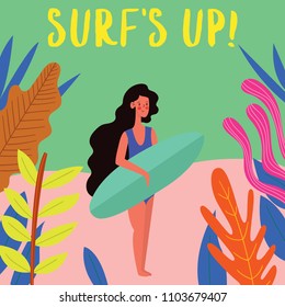 Surf's Up! Surfing card with cute surf girl on the beach.Vector flat cartoon illustration