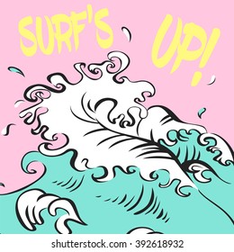 Surfs up vector illustration. Big wave on pink backdrop. Surfing banner. Surf poster.