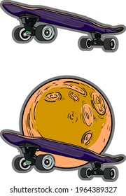 Surfskate go to the moon illustration and hand drawn art