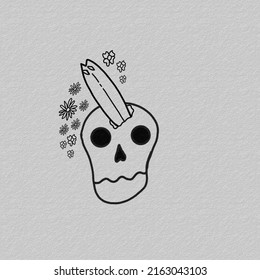 Surfskull,a skull with surfboard on head and litlle a flower