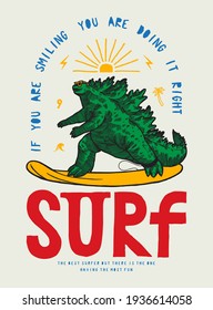 Surfzilla. Japanese dino monster riding surfboard. Funny beach sport character typography t-shirt print.