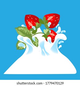 The surge and drop, the movement of the liquid the strawberries in a spray of juice and yogurt, drops and stains. Abstract vector illustrations