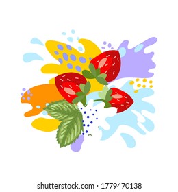The surge and drop, the movement of the liquid the strawberries in a spray of juice and yogurt, drops and stains. Abstract vector illustrations