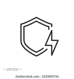 surge protection icon, electricity safety, shield of overload, current shock safe, thin line symbol on white background - editable stroke vector illustration