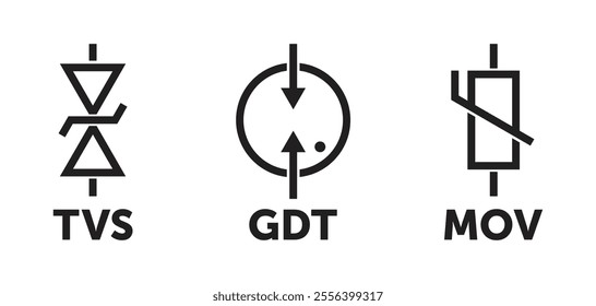 Surge protection types used in socket outlet extender - TVS diode, metal-oxide varistor and gas discharge tube. Pictograms set for labeling in bold line