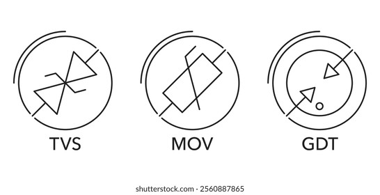 Surge protection types used in socket outlet extender - TVS diode, metal-oxide varistor and gas discharge tube. Pictograms set for labeling in thin line