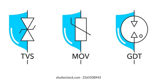 Surge protection types used in socket outlet extender - TVS diode, metal-oxide varistor and gas discharge tube. Pictograms set for labeling in thin line and shield shape 