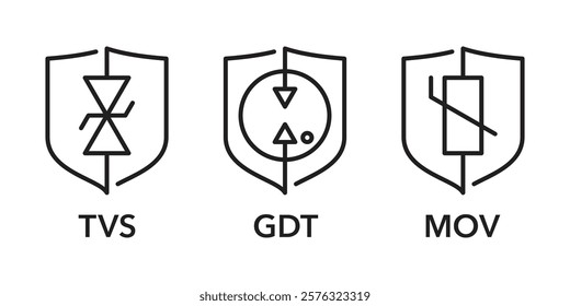 Surge protection types used in socket outlet extender - TVS diode, metal-oxide varistor and gas discharge tube. Pictograms set for labeling in thin line and shield shape 