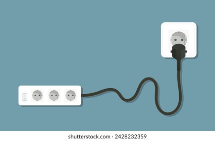 Surge protector plugged into socket. Wire, cable, on off button, adapter, three port 3, electricity, wiring, lighting, power, in out, electrical appliance, charge, shadow on wall. Vector illustration