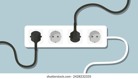 Surge protector with plugged in plugs. Wire, socket, cable, adapter, four ports, 4, electricity, wiring, lighting, power, in out, electrical appliance, charge, shadow on wall. Vector illustration