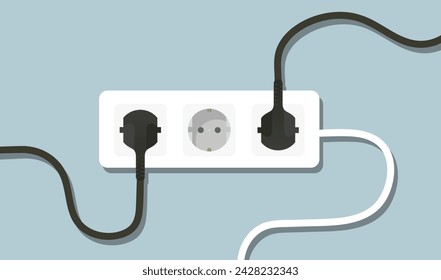 Surge protector with plugged in plugs. Wire, socket, cable, adapter, three ports, 3, electricity, wiring, lighting, power, in out, electrical appliance, charge, shadow on wall. Vector illustration