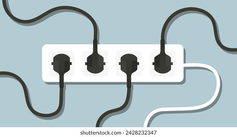 Surge protector with plugged in plugs. Wire, socket, cable, adapter, four ports, 4, electricity, wiring, lighting, power, in out, electrical appliance, charge, shadow on wall. Vector illustration