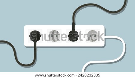 Surge protector with plugged in plugs. Wire, socket, cable, adapter, four ports, 4, electricity, wiring, lighting, power, in out, electrical appliance, charge, shadow on wall. Vector illustration