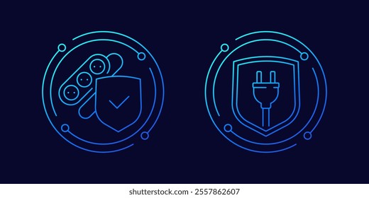 surge protector, power strip icons with electric plug and shield, linear design