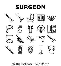 surgeon accessories scalpel icons set vector. forceps, retractor sutures, clamps, gloves masks, gown, drills, scissors, sponges surgeon accessories scalpel black contour illustrations