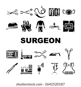 surgeon accessories scalpel icons set vector. forceps, retractor, sutures clamps, gloves, masks, gown drills, speculum surgeon accessories scalpel glyph pictogram Illustrations