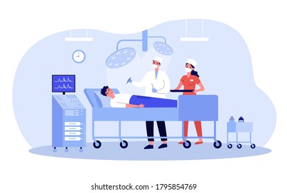 Surgeon and assistant operating on patient. Doctors in masks with surgical tools standing near sleeping man in operating room. Vector illustration for medicine, surgery, job concept