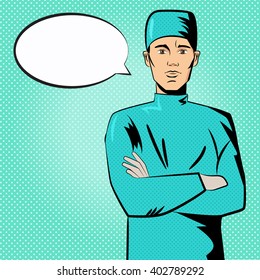 Surgeon before surgery. Pop art. Style of the comic. Vector isolated illustration. Cartoon character. Place fot text