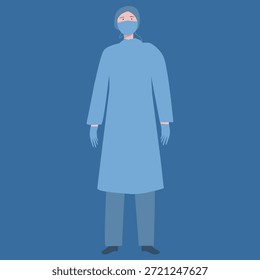 Cirurgião em Blue Operating Gown Flat Vetor Illustration