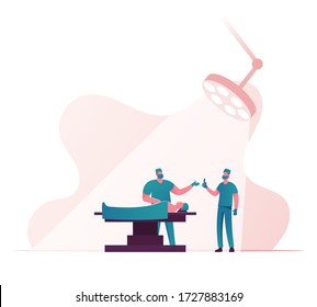 Surgeon Characters Holding Scalpel Prepare to Make Operation to Patient Lying on Bed at Surgery Room in Clinic. Rhinoplasty, Emergency Medical Treatment Health Care. Cartoon People Vector Illustration