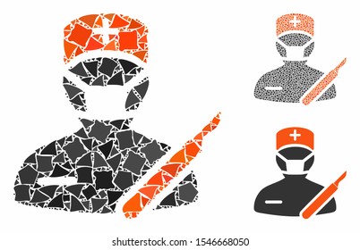 Surgeon composition of abrupt parts in different sizes and color tones, based on surgeon icon. Vector abrupt pieces are organized into illustration. Surgeon icons collage with dotted pattern.