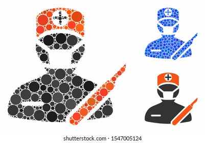 Surgeon composition of round dots in various sizes and color hues, based on surgeon icon. Vector round dots are combined into blue mosaic. Dotted surgeon icon in usual and blue versions.