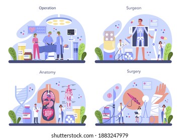 Conjunto de conceptos de cirujano. Médico que realiza operaciones médicas. Especialista en medicina profesional. Idea de salud y tratamiento médico. Ilustración vectorial plana aislada