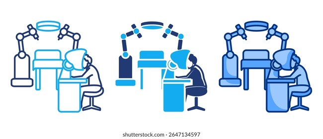 Cirurgião com ícone de console representado por humano, mesa, azul cirúrgico, Dualline, Dualtone estilo.