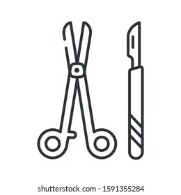 Surgeon cutting tools: line black icon. All-metal scalpel and scissors. Plastic and cosmetic surgery, operation. Pictogram for web, mobile app, promo. UI UX design element. Editable stroke.