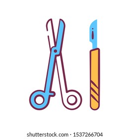 Surgeon cutting tools: line color icon. All-metal scalpel and scissors. Plastic and cosmetic surgery, operation. Pictogram for web, mobile app, promo. UI/UX design element. Editable stroke.