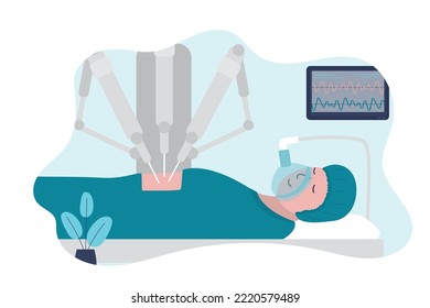 Gesundheit der Chirurgen, medizinische Ausrüstung für die Operation. Roboterchirurgie. Chirurgischer Doktorroboter für den Menschen, biomedizinische Robotermaschine. Roboter-Arztpraxis. Flache Vektorgrafik