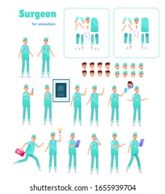 Surgeon doctor animation set. Male medical specialist in various positions, face emotions with xray radiogram, stethoscope talking phone. Vector clinic professional character creation in green uniform