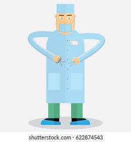 Surgeon doctor character vector isolated. The surgeon in the operative operating form and holds the tools in his hand
