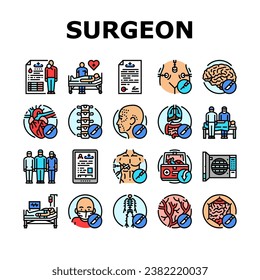 surgeon doctor hospital icons set vector. surgical room, surgery, medical patient, equipment operating, mask, group team nurse surgeon doctor hospital color line illustrations