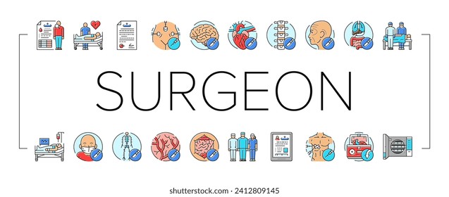 surgeon doctor hospital icons set vector. surgical room, surgery, medical patient, equipment operating, mask, group team nurse surgeon doctor hospital color line illustrations