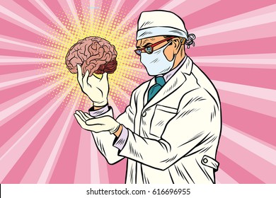 Surgeon doctor and the human brain. Pop art retro vector illustration. Medicine and psychological health