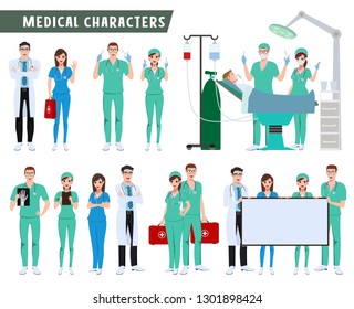 Surgeon, doctor and nurse characters vector set. Medical and health care team doing surgery and presentation isolated in white. Vector illustration.