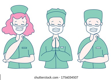 Surgeon, doctor and nurse in medical green clothes and virus protection products - mask. The doctor crossed his arms, closed his eyes, and prayed. Medicine, God and people. Vector illustration 