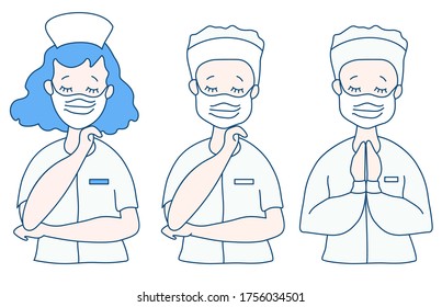 Surgeon, doctor and nurse in medical white clothes and virus protection products - mask. The doctor crossed his arms, closed his eyes, and prayed. Medicine and people. Vector illustration