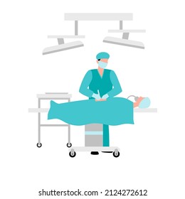 Surgeon. A doctor performing surgery on a patient on a surgical table under bright lights. Icon, clipart for website about treatment, surgery, surgeries, clinic. Vector flat illustration, cartoon.