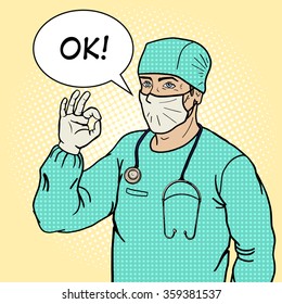 Surgeon doctor shows ok sign pop art style vector illustration. Comic book style imitation. ok hand gesture