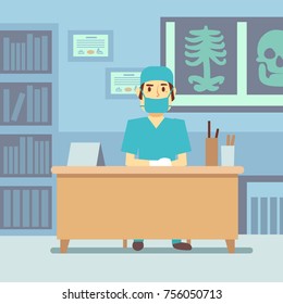 Surgeon doctor sitting at the table in medical vector healthcare concept illustration