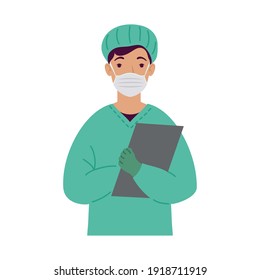 surgeon doctor wearing medical mask with checklist character vector illustration design