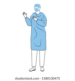 Surgeon flat vector illustration. Doctor in medical mask and gloves. Therapist, medic wearing blue coat cartoon character. General practitioner, physician preparing for checkup isolated on white