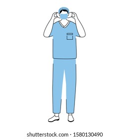 Surgeon flat vector illustration. Doctor wearing medical mask. Physician, therapist cartoon character. General practitioner in blue uniform. Medic preparing for surgical operation isolated on white